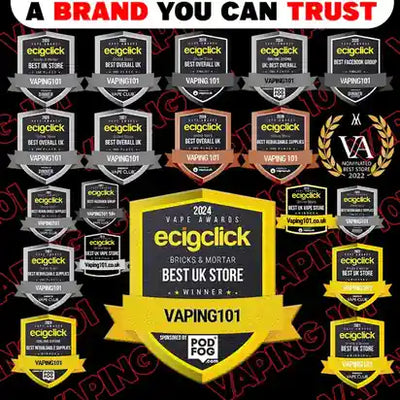 Collage of award badges for ecigclick featuring 2024 Vape Awards and Best UK Store recognition.