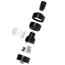 Black and silver vaping components on a white background