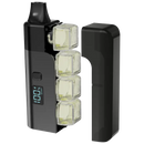 Black electronic device with digital display and transparent components on a white background