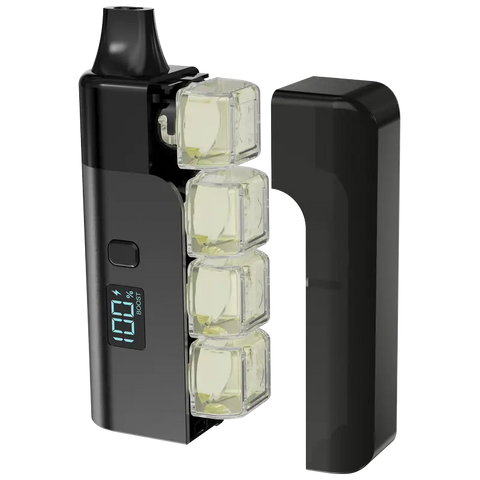 Black electronic device with digital display and transparent components on a white background